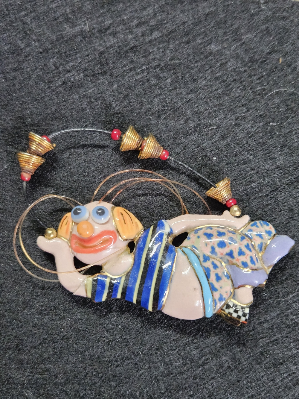 Whimsical Multicolor Enamel Clown Brooch in Blue, Cream & Pink
